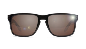 Polarized tinted brown sun lenses in a glasses frame