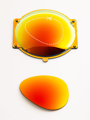 Fire Red MirrorShield® lens blank and final cut lens