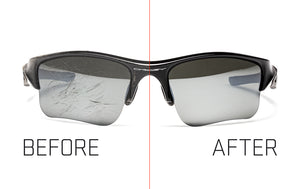 Sunglass lenses before and after, with scratches and without