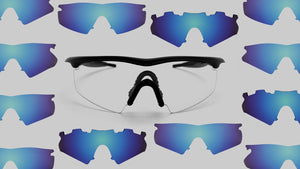 Oakley M Frame Sunglasses with various sizes of Blue Lenses