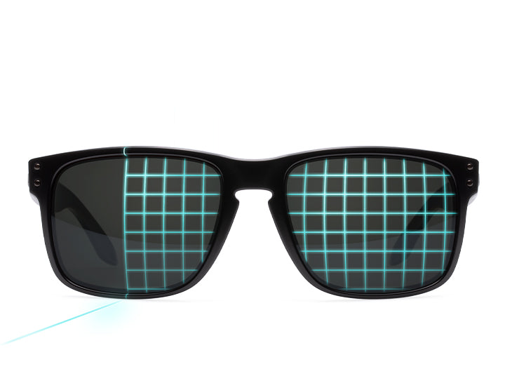 Black sunglasses with a blue laser grid over them.