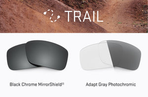 Infographic containing Two Black Chrome with Mirrorshield lenses stacked on top of eachother on the left and two Adapct Gray photochromic lenses stacked on top of eachother on the right.