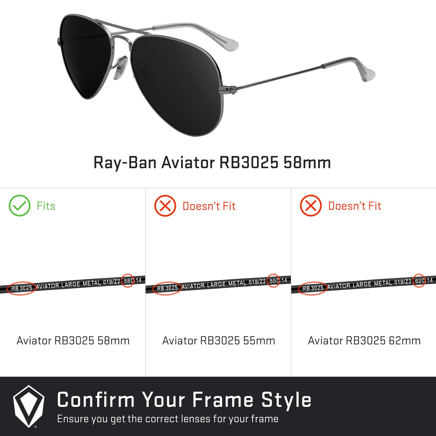 Revant replacement lenses compatible with Ray Ban Aviator Rb3025 58mm