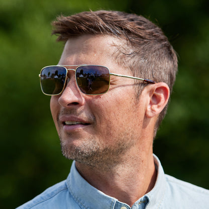 a person wearing sunglasses with flash bronze lenses