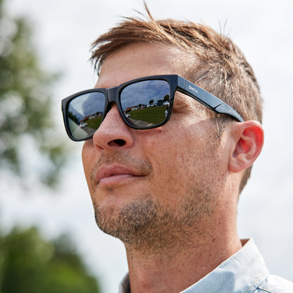 a person wearing sunglasses with titanium lenses
