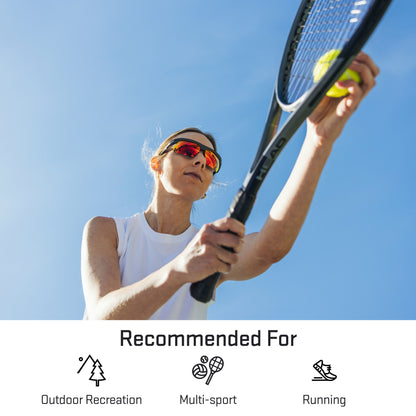 a person wearing sunglasses with ember red lenses