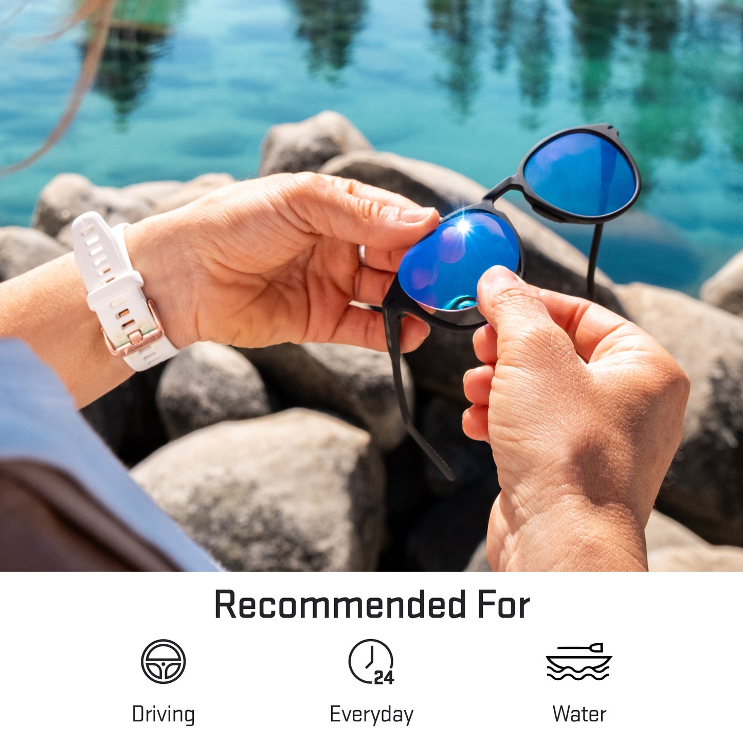 a person wearing sunglasses with riptide rose lenses
