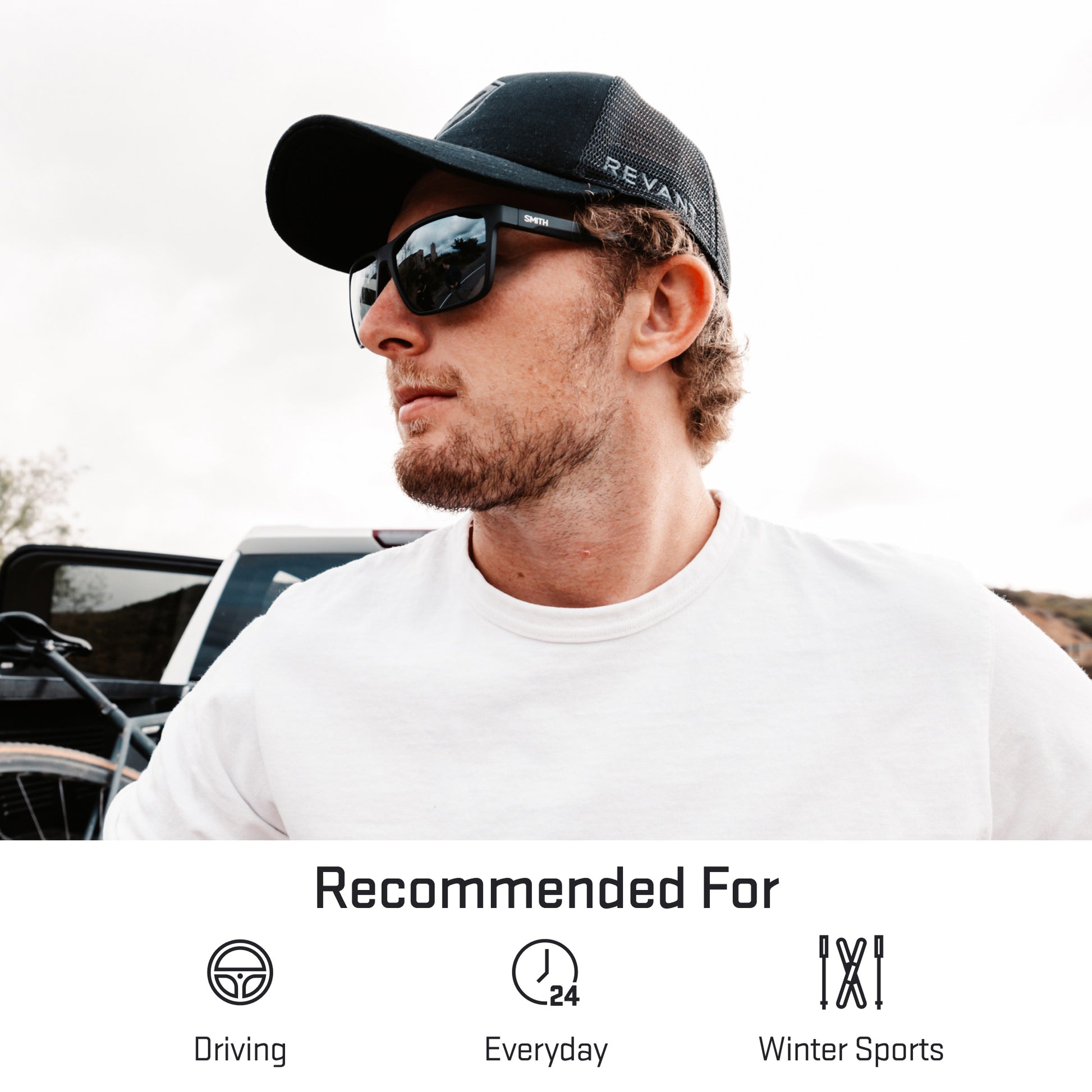 a person wearing sunglasses with titanium lenses