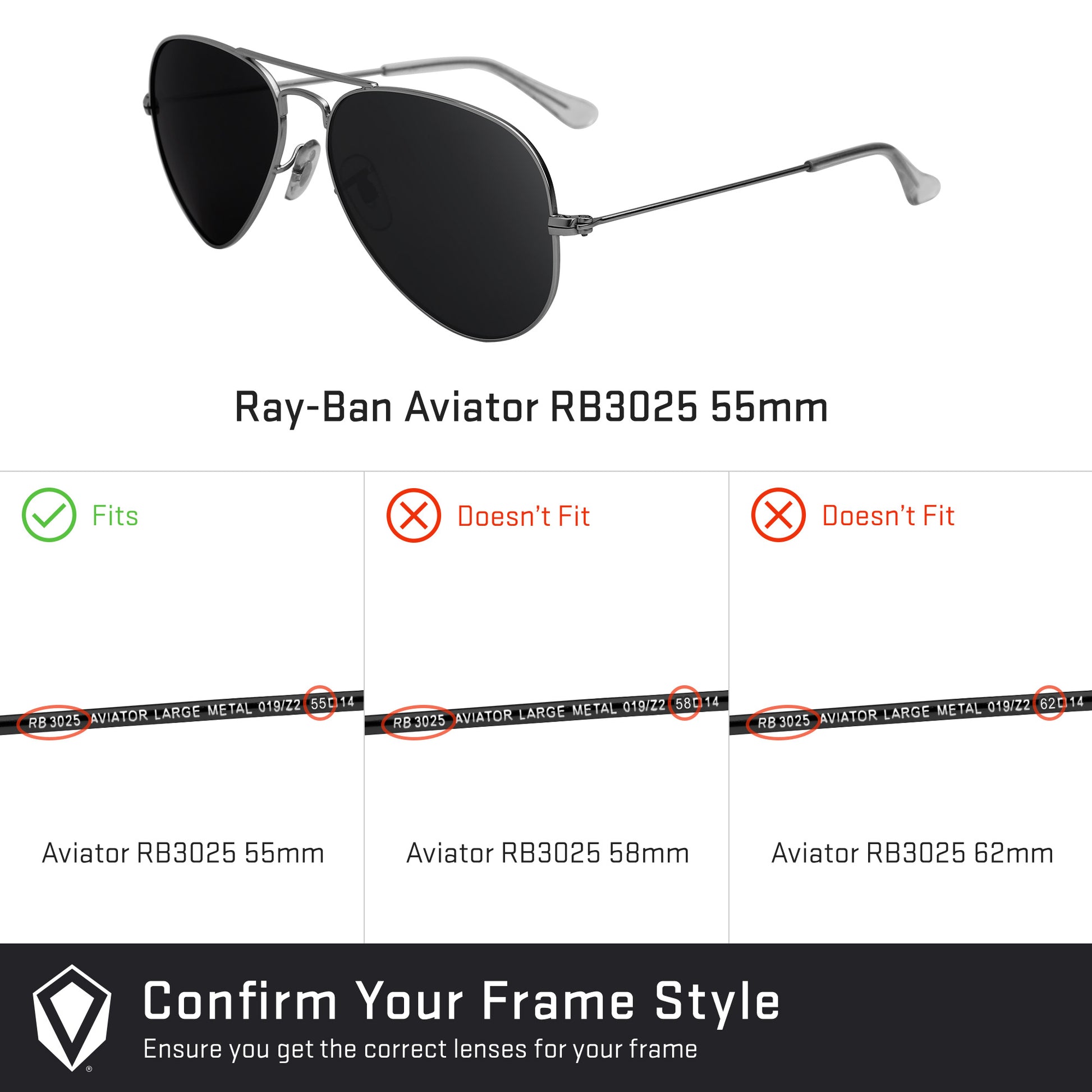 Ray-Ban Aviator RB3025 55mm Replacement Lenses by Revant Optics