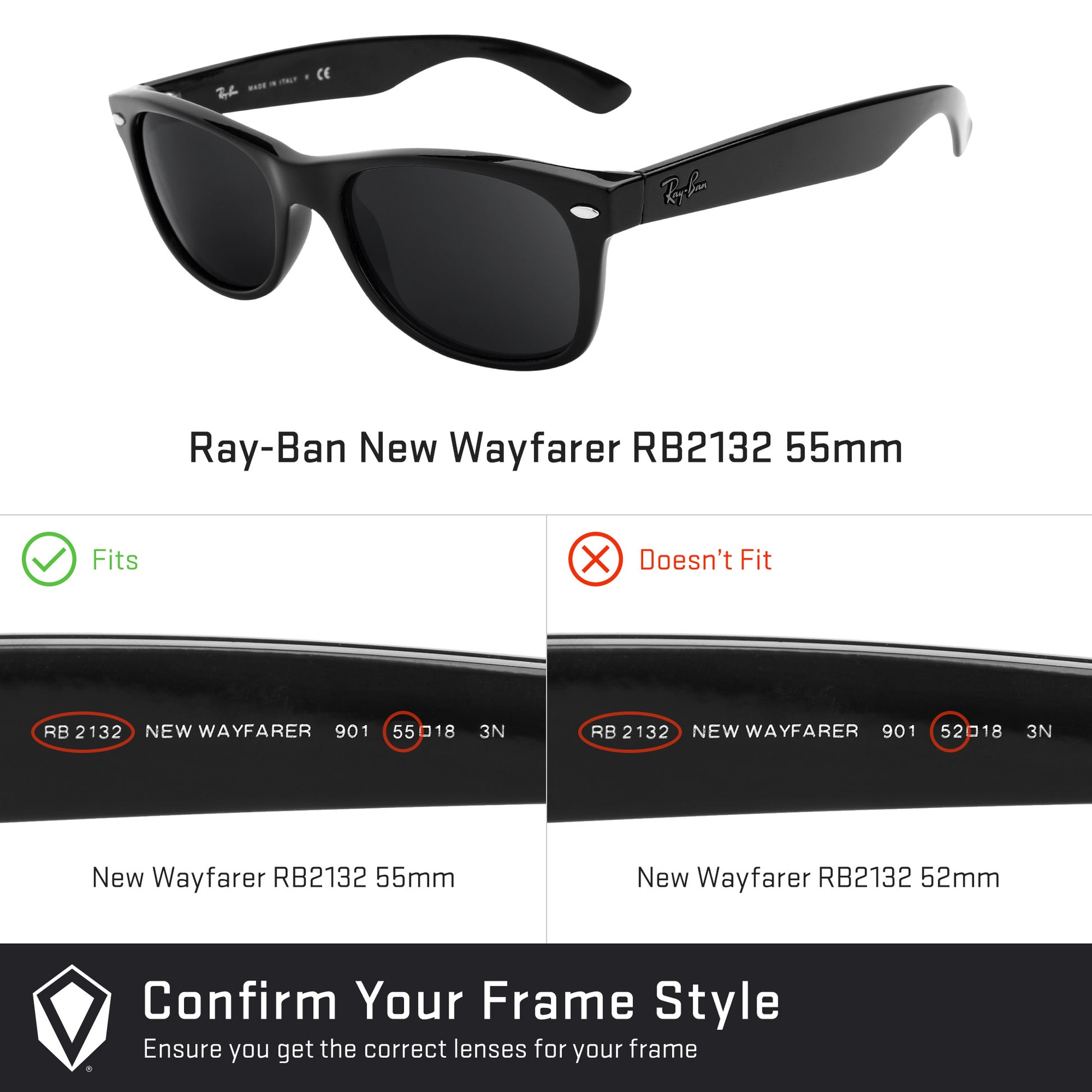 Ray-Ban New Wayfarer RB2132 55mm Replacement Lenses by Revant Optics